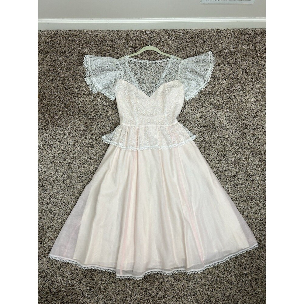 VTG 80s Gunne Sax Jessica McClintock Lace Dress Pastel Pink JR sz 11